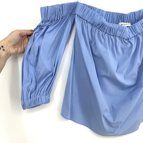 Milly Off-Shoulder Blouse Cotton Poplin Sky Blue Small - Picture 4 of 9